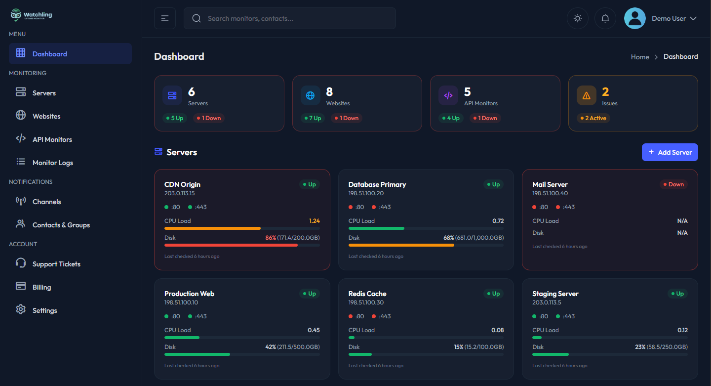 Free Website Monitoring Dashboard — Watchling